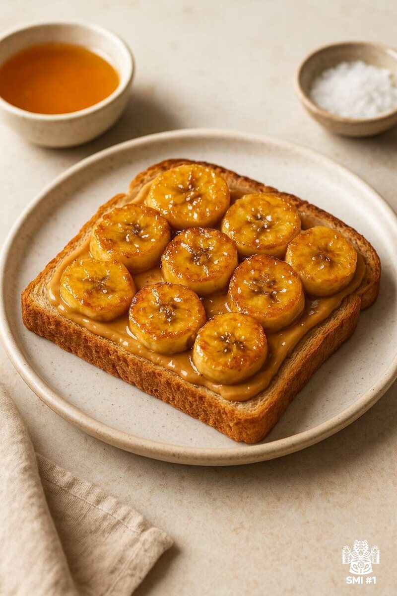 Сладкий завтрак: тост с арахисовой пастой и карамелизированным бананом